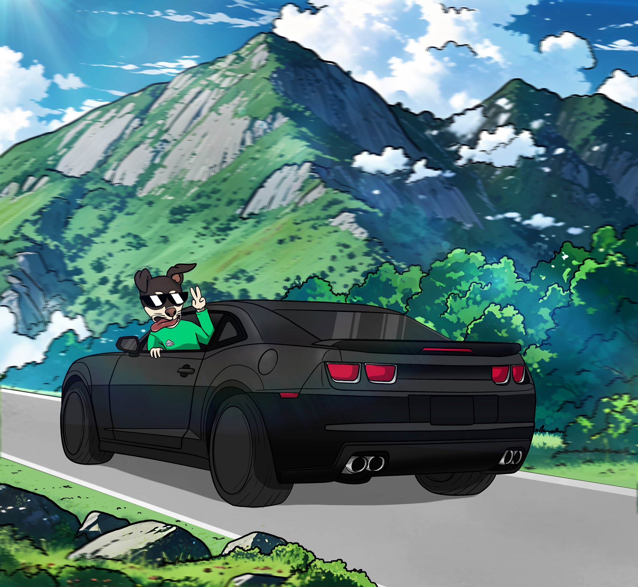 Chester driving a car