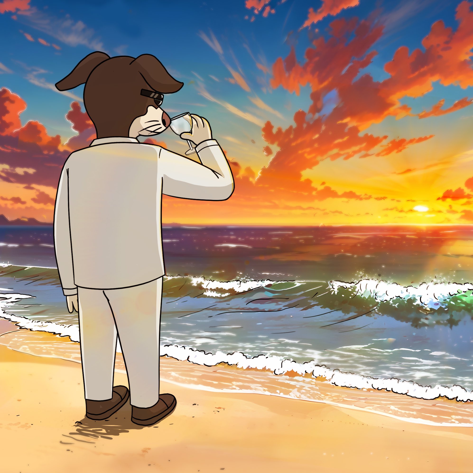 Chester watching sunset on beach
